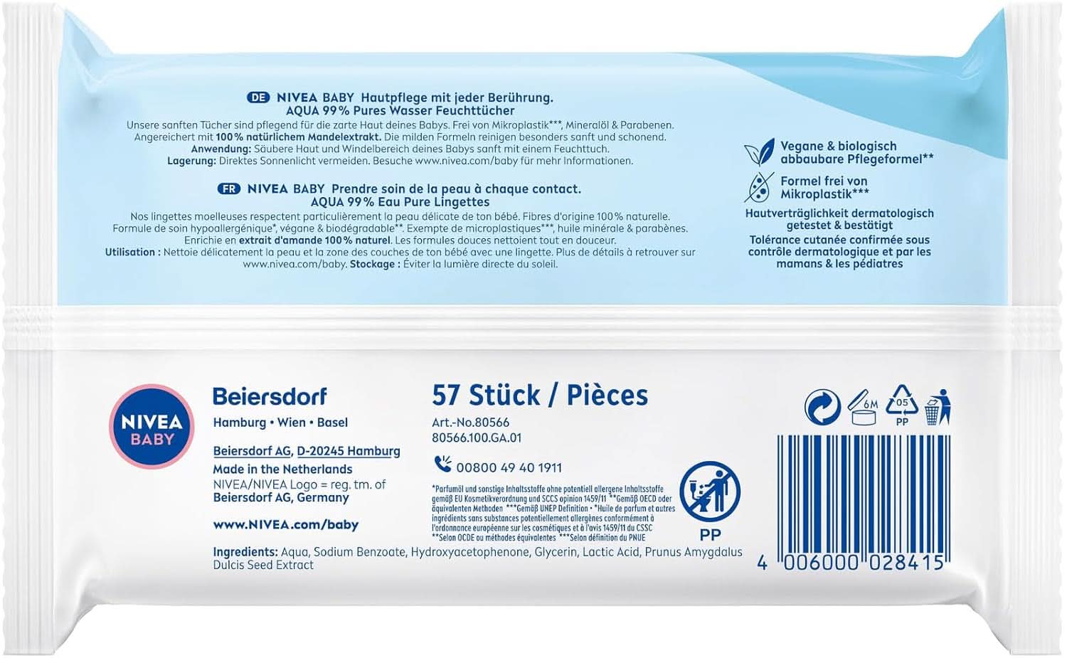 NIVEA Baby AQUA Feuchttücher, Baby Feuchttücher Zur Sanften Reinigung Empfindlicher Haut, Hypoallergene Und Parfümfreie Feuchttücher Für Babys Mit 99% Wasser (1 X 57 Stück) Baby Wet Wipes Naty Shop