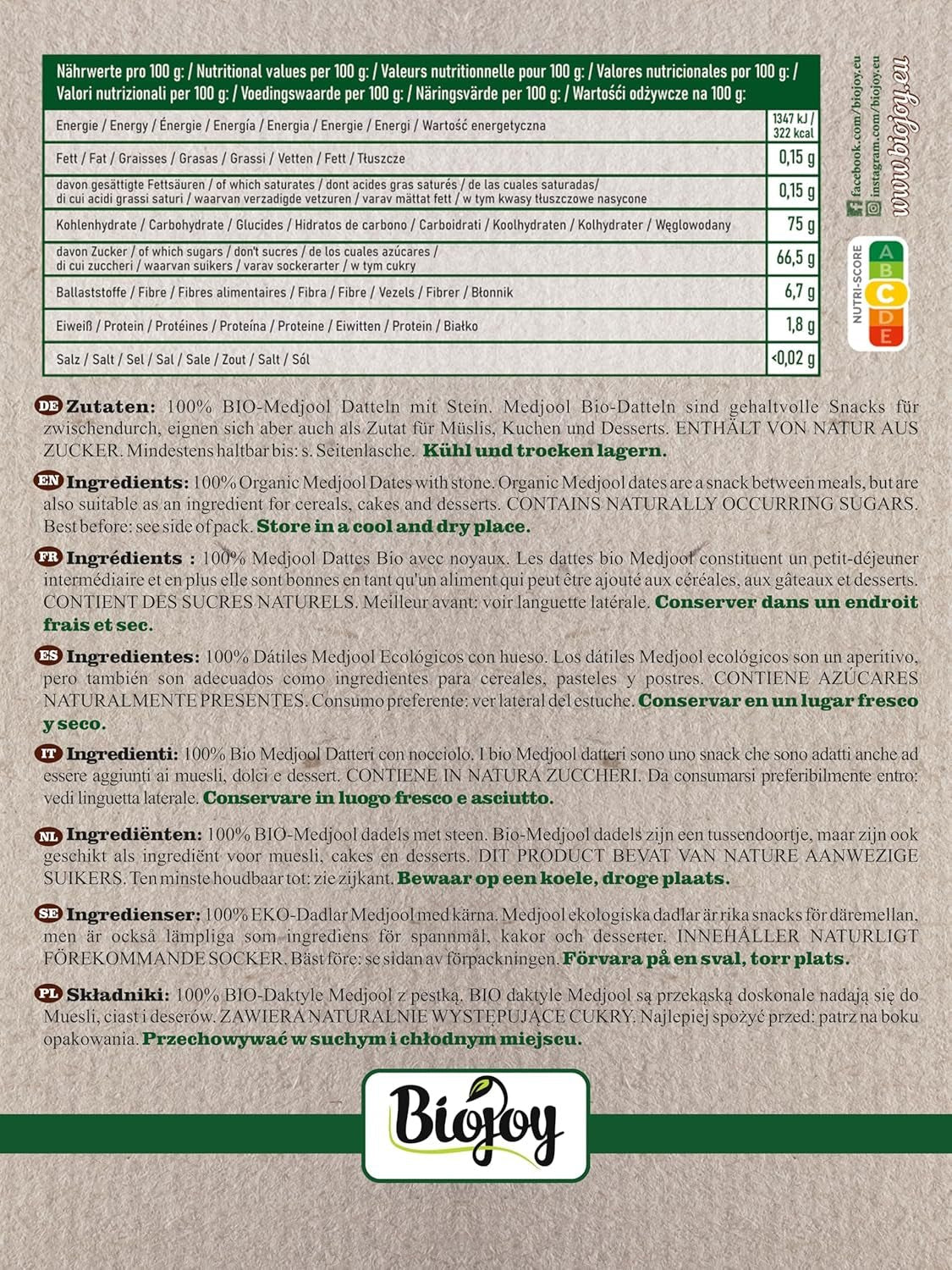 Biojoy BIO-Medjool curmale din Israel (5 kg), uscate și întregi, nesulfurate, Mare Produse deshidratate Naty Shop