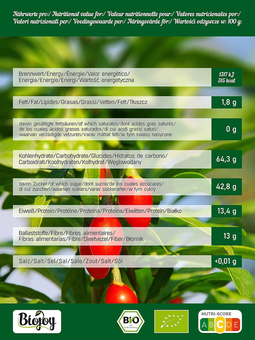 Biojoy fructe de goji bio uscate (1 kg), fructe de lup întregi și nesulfurate Produse deshidratate Naty Shop