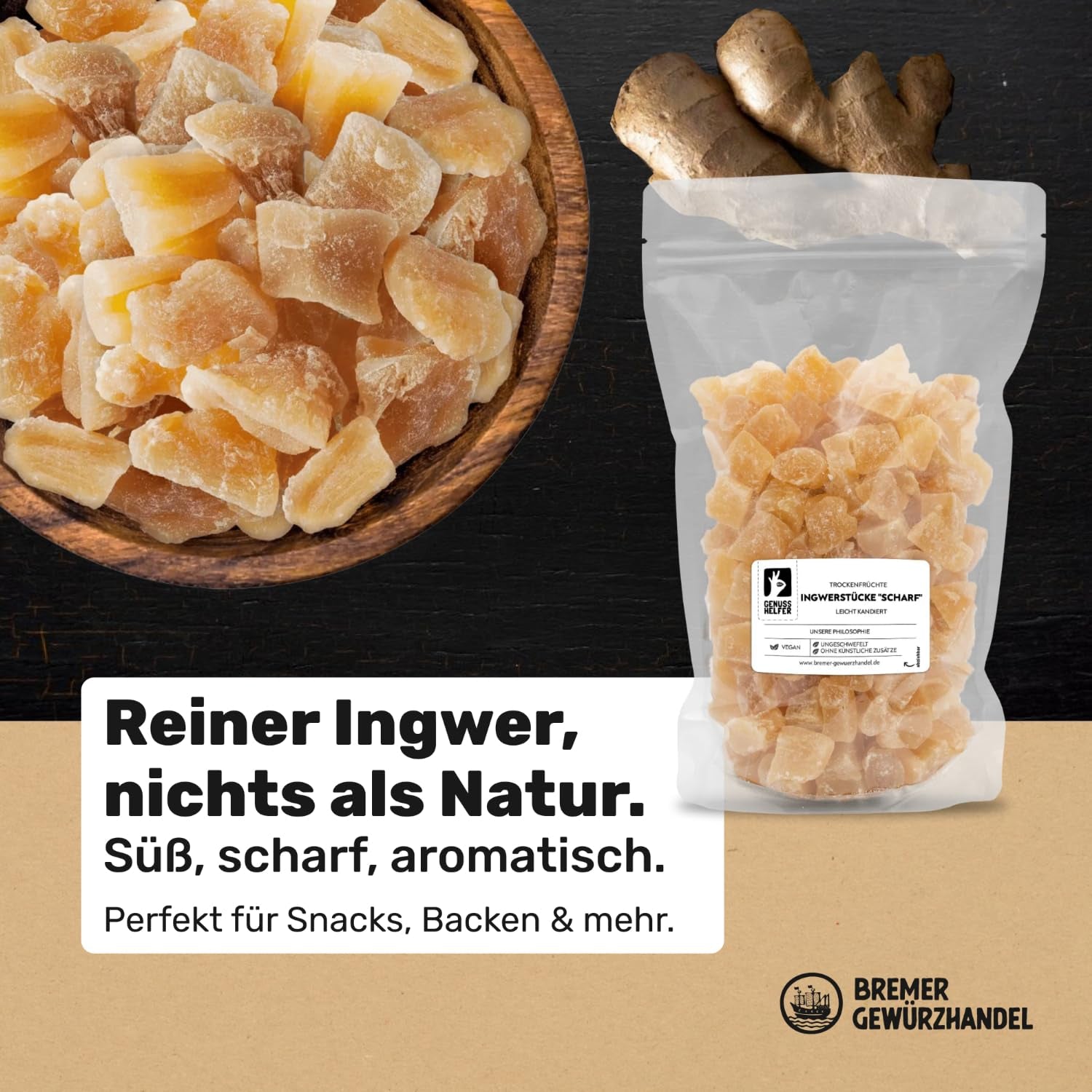 Bremer Gewürzhandel ghimbir, bucăți de fructe uscate condimentate, aromate, picante, nesulfurate, 1kg Produse deshidratate Naty Shop