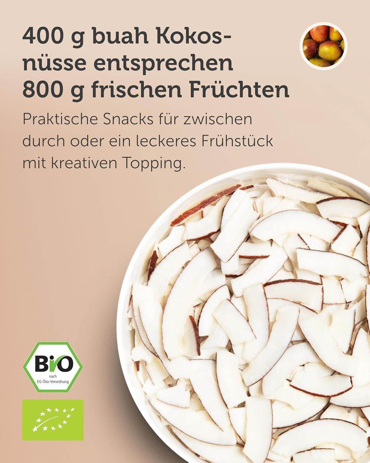 BUAH® Chipsuri de nucă de cocos uscată | Chipsuri din nucă de cocos organică, chipsuri de nucă de cocos ca gustare, pentru muesli și pentru coacere | Înlocuitor ideal pentru bomboane | Vegan și fără zahăr adăugat | 400g Produse deshidratate Naty Shop