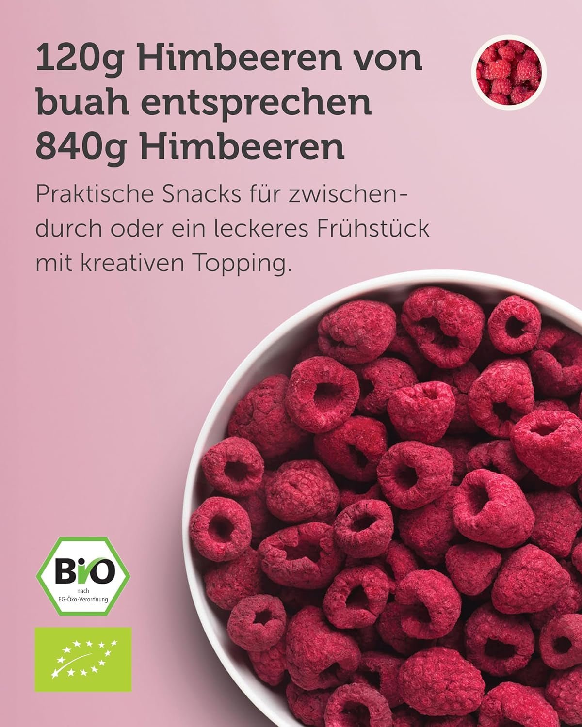 BUAH® Zmeură organică liofilizată | chipsuri de zmeură ca gustare, pentru muesli și deserturi | înlocuitor ideal pentru dulciuri | vegan și fără zahăr adăugat | 120g Produse deshidratate Naty Shop