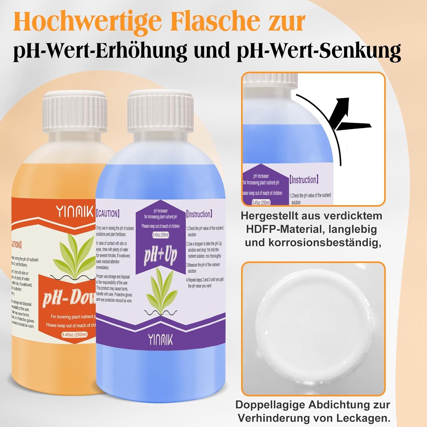 pH-Regulator für Hydrokultur, pH-Up- und pH-Down-Flüssigkeit, pH-Regulatorflüssigkeit zur Senkung oder Erhöhung des pH-Wertes, Premium-Puffer 250 ml, geeignet für alle Hydrokultursysteme (Erde und Wasser)