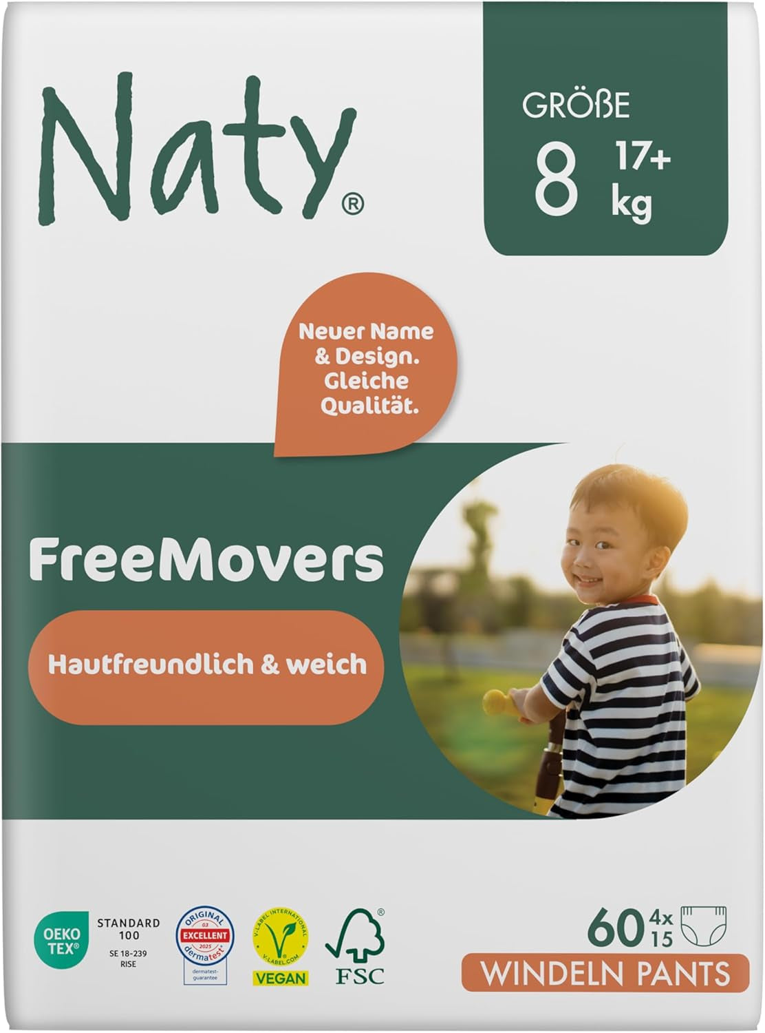 Naty FreeMovers Babywindeln | Zertifizierte hautfreundliche Windelüberhosen | Weich und parfümfrei | Saugfähig und auslaufsicher | Dermatologisch getestet Größe 5 (12–18 kg) | 80 Stück