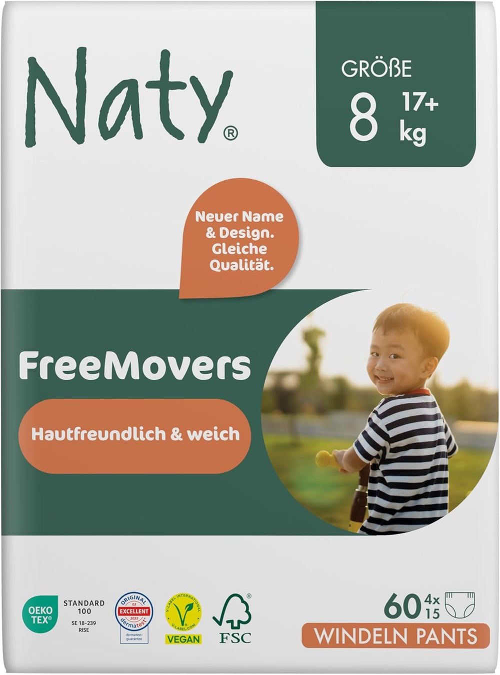 Naty FreeMovers Babywindeln | Zertifizierte hautfreundliche Windelüberhosen | Weich und parfümfrei | Saugfähig und auslaufsicher | Dermatologisch getestet Größe 5 (12–18 kg) | 80 Stück