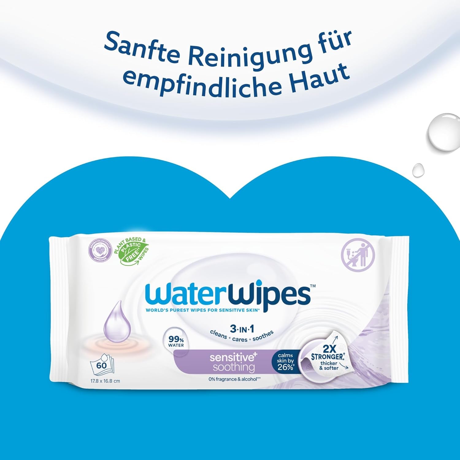 WaterWipes Sensitive+ Beruhigende, saubere Feuchttücher, 720 Stück (12er-Pack), 3-in-1-Reinigung, Pflege und Beruhigung, 99 % Wasser mit Pflanzenextrakt, parfümfreie Baby-Feuchttücher