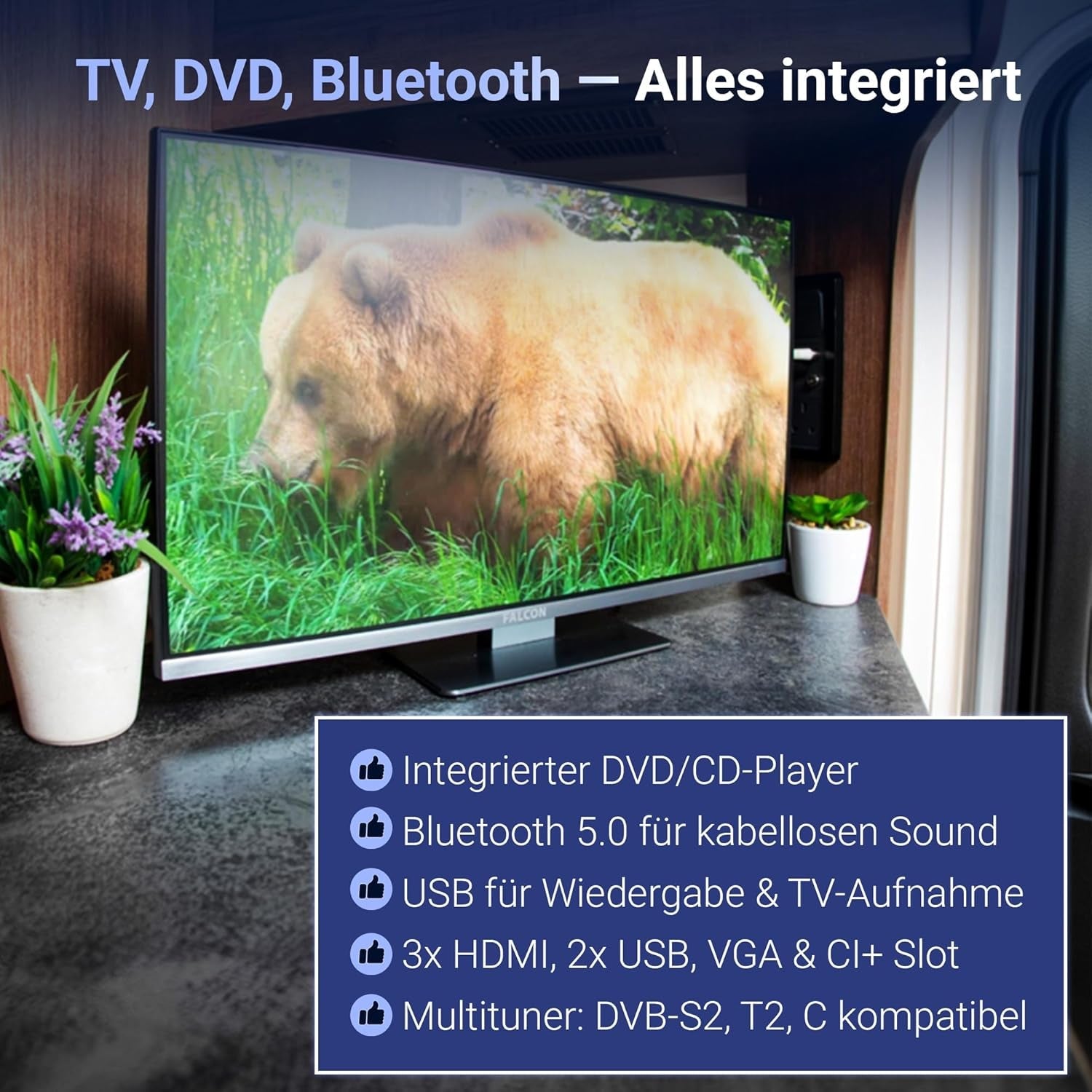 Televizor LED Falcon Full HD de 22 de inci cu LG WebOS SMART WiFi, potrivit pentru camping/autorulote (12V/24V), DVD player, Bluetooth, HDMI, USB, Paramount Plus, Magenta, Netflix, Prime Video, Disney Plus, DAZN și streaming IPTV