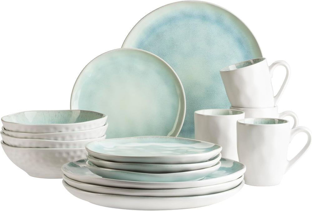 MÄSER Serie Frozen, Geschirr Set Aus Keramik Für 4 Personen, 16-Teiliges Kombiservice Mit Organischen Formen, Farblich Gesprenkeltes Service, Steinzeug, Türkis-Grün Tableware Sets Naty Shop Türkis-Grün