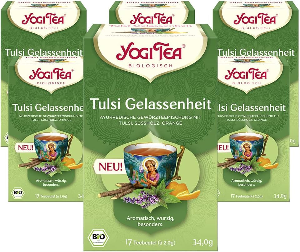 Yogi Tea - Tulsi Serenity, ceai ayurvedic din plante, fără cofeină, amestec de tulsi - busuioc „sfânt”, lemn dulce și portocală, Yogi Tea, pachet de 6, 6 x 17 pliculețe (102 pliculețe de ceai)