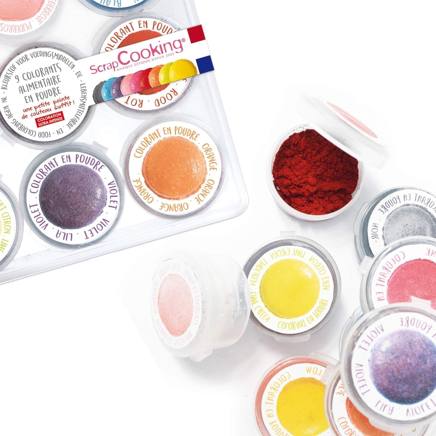 Scrapcooking - Set 9 coloranți alimentari pudră - Albastru, Galben, Roz, Violet, Portocaliu, Verde lămâie, Roșu, Roz pudră, Negru - Pudră colorantă comestibilă pentru prăjituri, brioșe, macarons - 4270