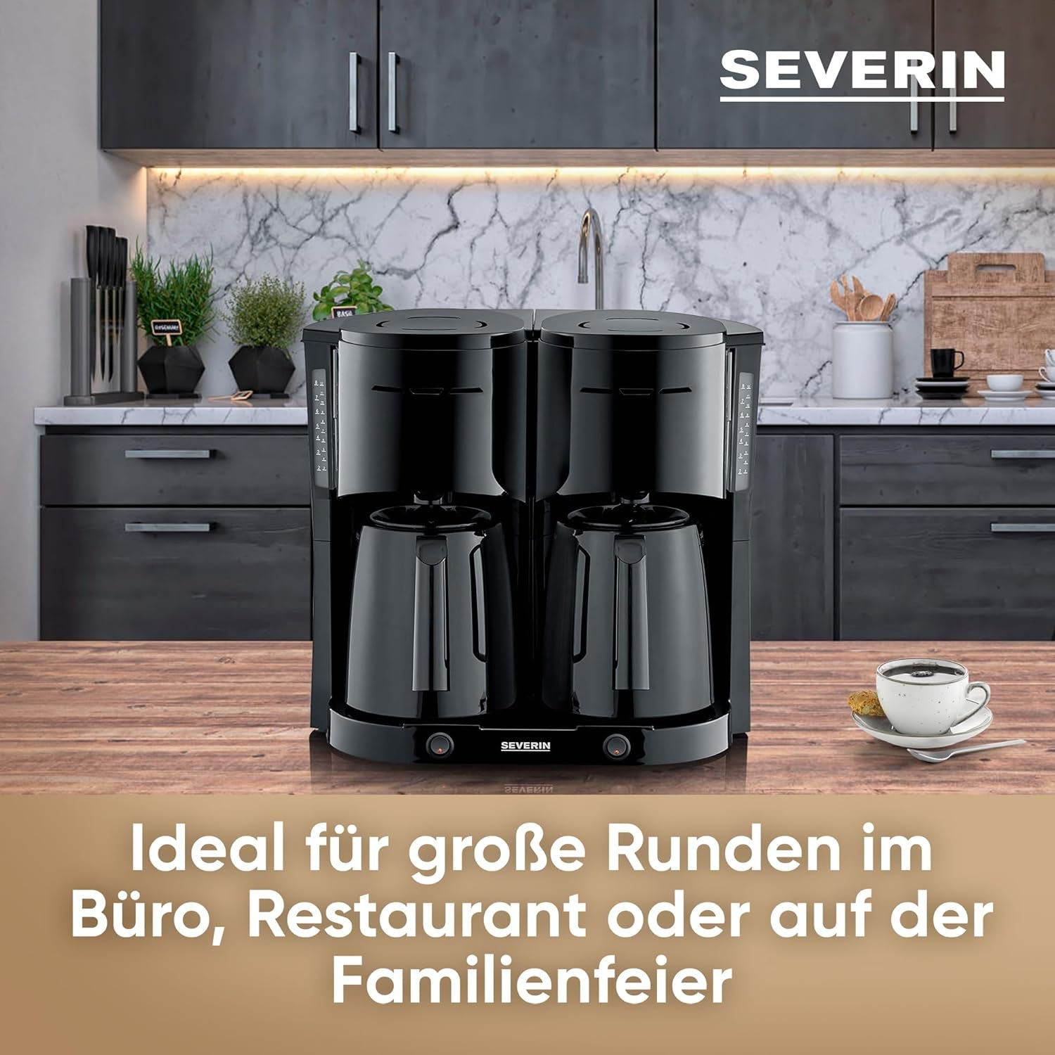 Aparat de cafea cu filtru SEVERIN Duo cu carafă termică, aparat de cafea pentru până la 16 cești, aparat de filtrare atractiv cu 2 carafe izolate, negru, KA 9315