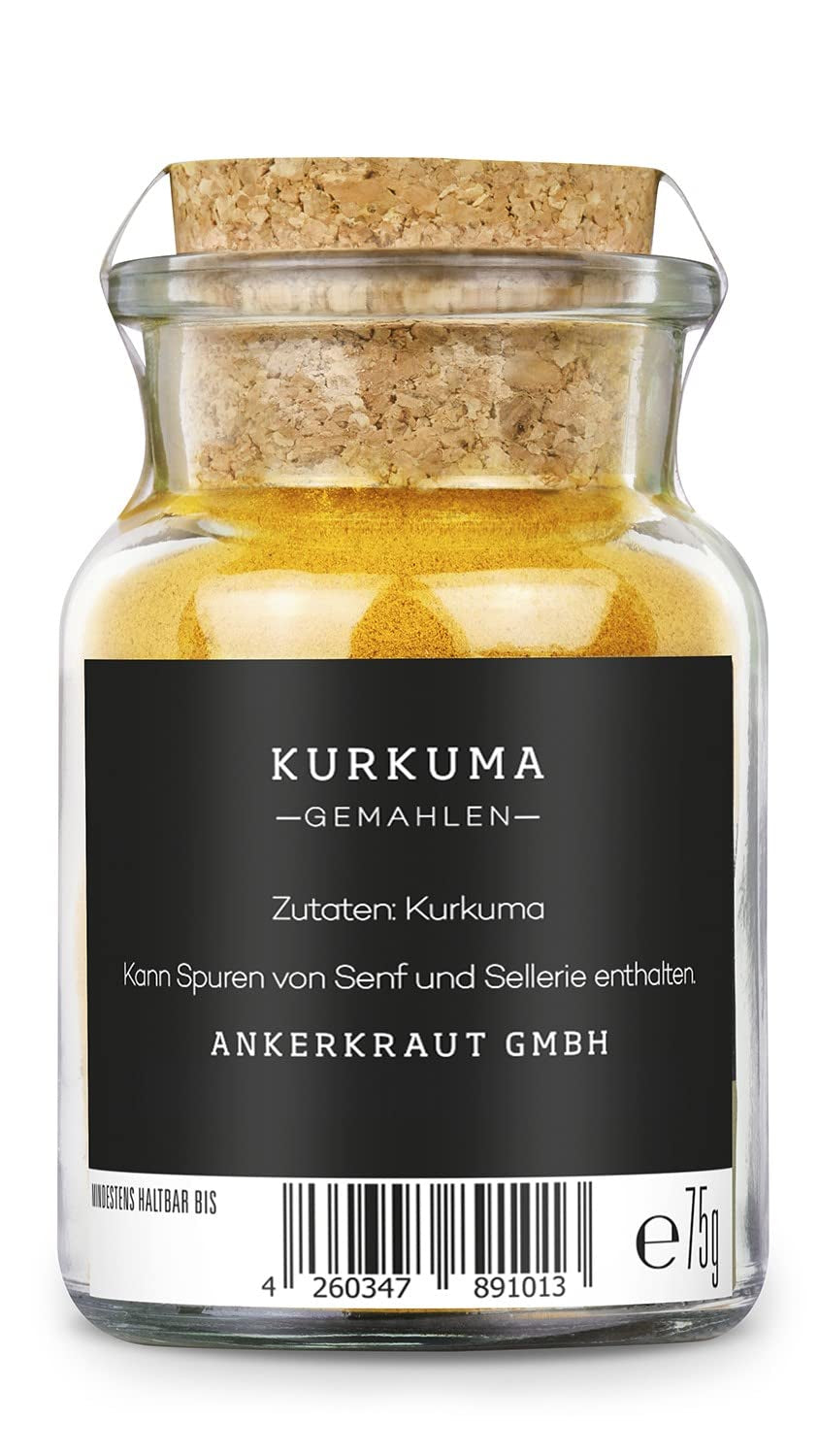 Ankerkraut Kurkuma, gemahlen, Kurkuma Gewürz Pulver, 75g im Korkglas