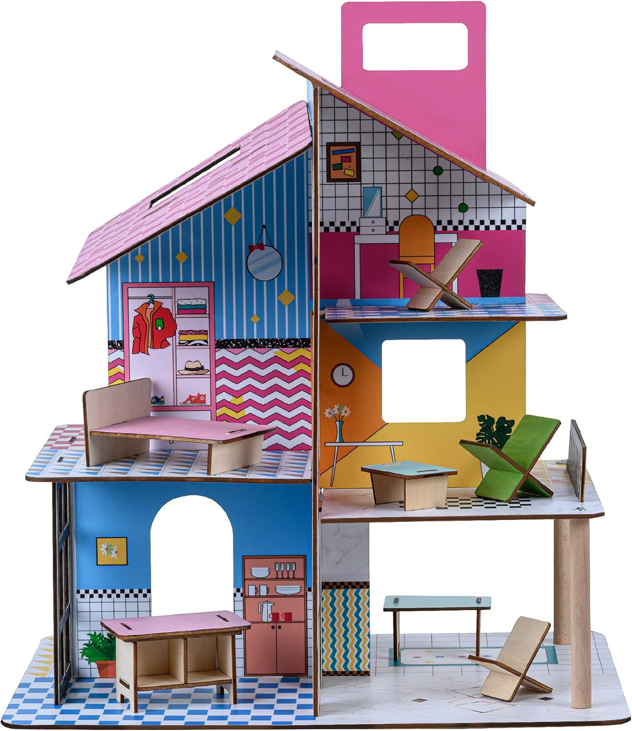 Olivia'S Little World 360 Puppenhaus aus Holz für Kinder, 8,9 cm große Puppen und 12 Zubehörteile, mehrfarbig, TD-13260C, Puppenhäuser, Naty Shop