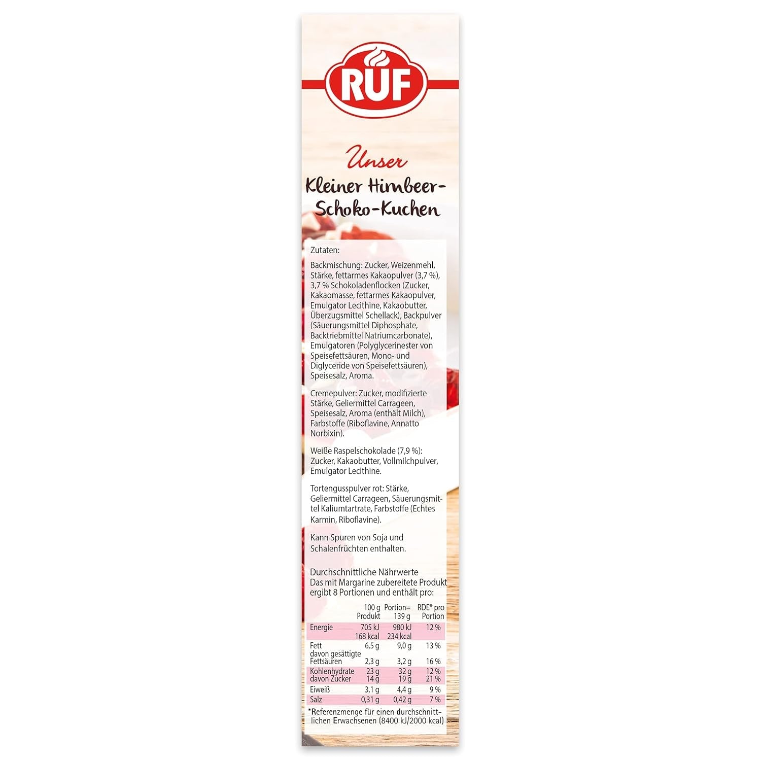 RUF Kleiner Himbeer-Schokokuchen, Mini-Kuchen Mit Feiner Puddingcreme, Himbeeren Und Weißen Schokoraspeln, Inkl. Backform, 1X252G Mischung zum Backen und Kochen Naty Shop