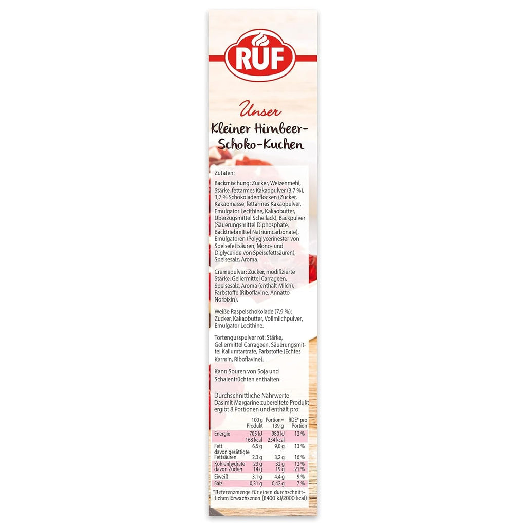 RUF Kleiner Himbeer-Schokokuchen, Mini-Kuchen Mit Feiner Puddingcreme, Himbeeren Und Weißen Schokoraspeln, Inkl. Backform, 1X252G Amestec pentru copt si gatit Naty Shop