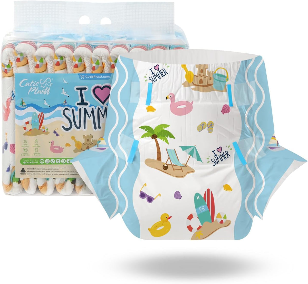 CutiePlusU Windeln für Erwachsene, 10er-Pack, Einweg-Blattwindeln für Damen und Herren, maximale Saugfähigkeit über Nacht – I Love Summer (mittlere Größe 71–96 cm)