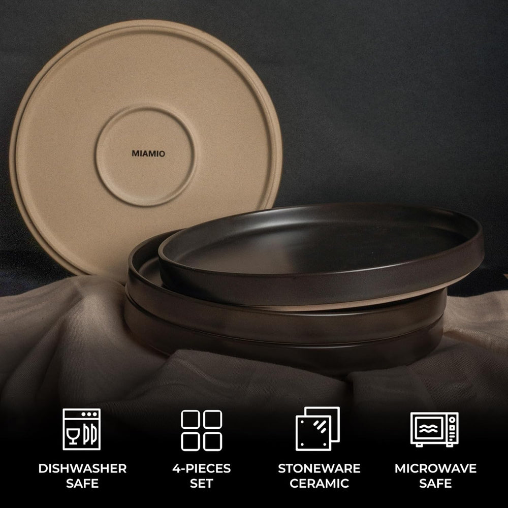 MIAMIO – Set de farfurii de 4 persoane / Set de veselă ceramică pentru 4 persoane, veselă din gresie, potrivită pentru mașina de spălat vase și cuptorul cu microunde – Colecția Sierra (Farfurii închise la culoare, farfurii mari (4x))