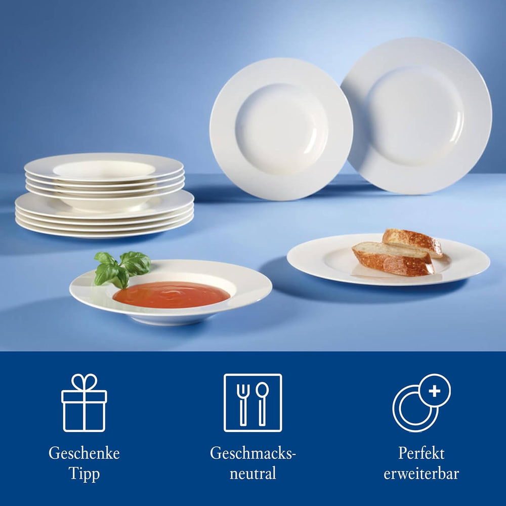 Villeroy & Boch – Set de masă Wonderful World, 12 piese, alb, potrivit pentru mașina de spălat vase și cuptorul cu microunde, farfurii, veselă, porțelan, farfurii de cină, set, set de veselă modern, porțelan premium
