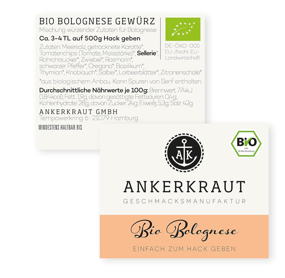 Ankerkraut Bio Bolognese Gewürze, Spaghetti und Pasta kochen, Lasagne selber machen, 90g im Korkenglas
