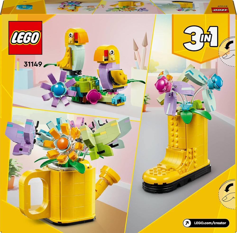 LEGO Creator 3-in-1-Spielzeug mit Blumen in der Gießkanne, Gummistiefel für 2 Vögel auf einer Stange, Tierset für Mädchen, Jungen und Kinder, mit 3 Schmetterlingsspielzeugen, tolles Schreibtischzubehör, Naturgeschenk 31149