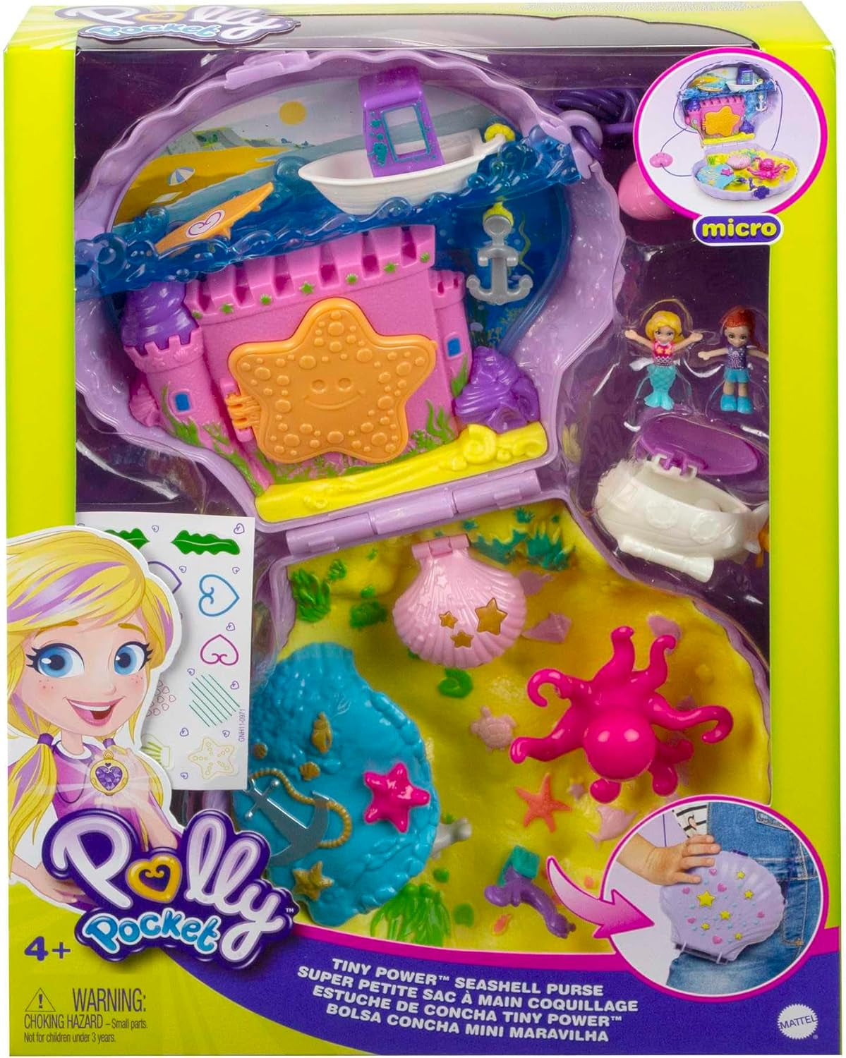 Polly Pocket Sarg Wickeltasche aus Muscheln unter Wasser 2 Puppen 1 U-Boot Polly Pocket Meerjungfrau Spielzeug 4 Jahre altes Spielzeug GNH11 Naty Shop Puppen