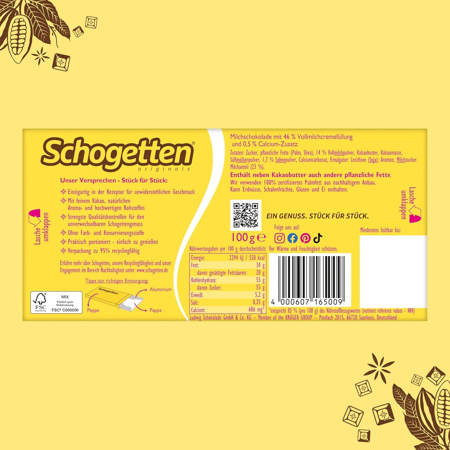 Schogetten für Kinder, Tafelschokolade 100g, Milchschokolade mit cremiger Milchfüllung, praktisch portioniert. Eine Delikatesse. Stück für Stück.