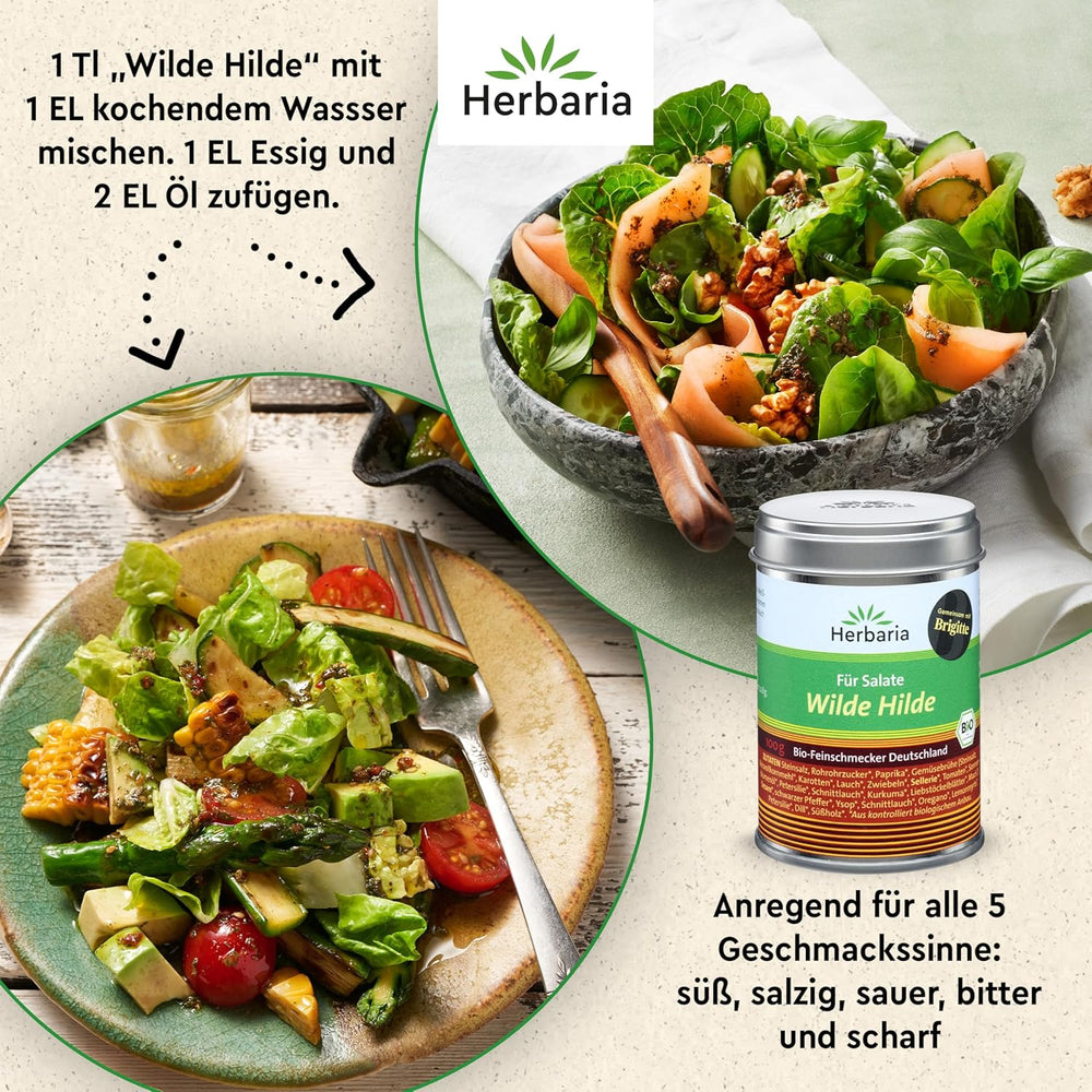 Herbaria Wilde Hilde bio 100g M-Dose-fertige Bio-Gewürzmischung - Salatgewürz für ausgefeilte Salate - mit erlesenen Zutaten - in nachhaltiger Aromaschutz-Dose