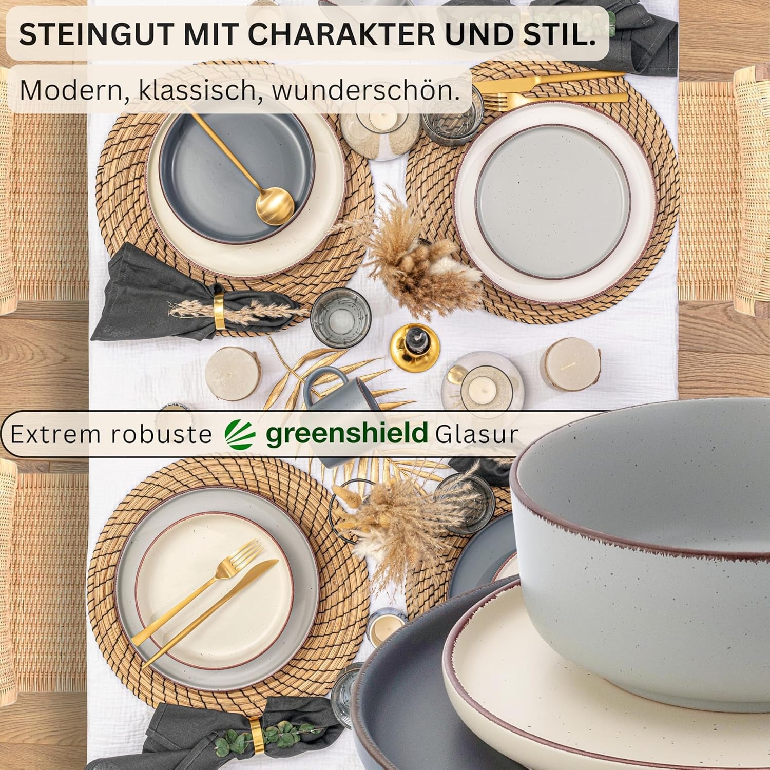 SÄNGER Bombay Moonlight | Set de veselă cu 12 piese, ceramică pentru 4 persoane, 4 farfurii de cină, 4 farfurii de desert, 4 boluri, culori asortate | COLECȚIA VALUE