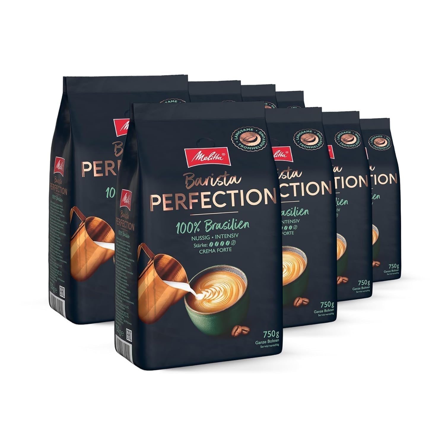 Melitta Barista Perfection 100% Brazilia, boabe de cafea întregi, cafea de origine unică, 100% Arabica, prăjire lentă cu tambur, Crema Forte, tărie 4 Cafea Naty Shop Brazilia 8 x 750 grame