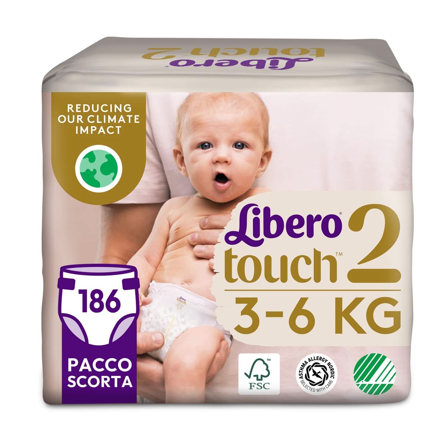 Libero, Touch Open Babywindeln, 186 Windeln Größe 2 für Babys von 3-6 kg, 3 Packungen mit 62 Einwegwindeln Mutter und Baby Naty Shop