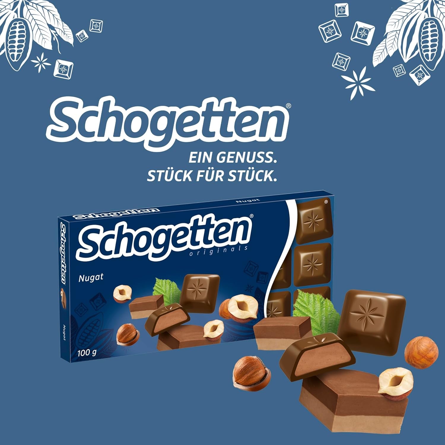 Schogetten Nougat Schokoriegel 100g, einzeln portioniert. Eine Freude. Stück für Stück.