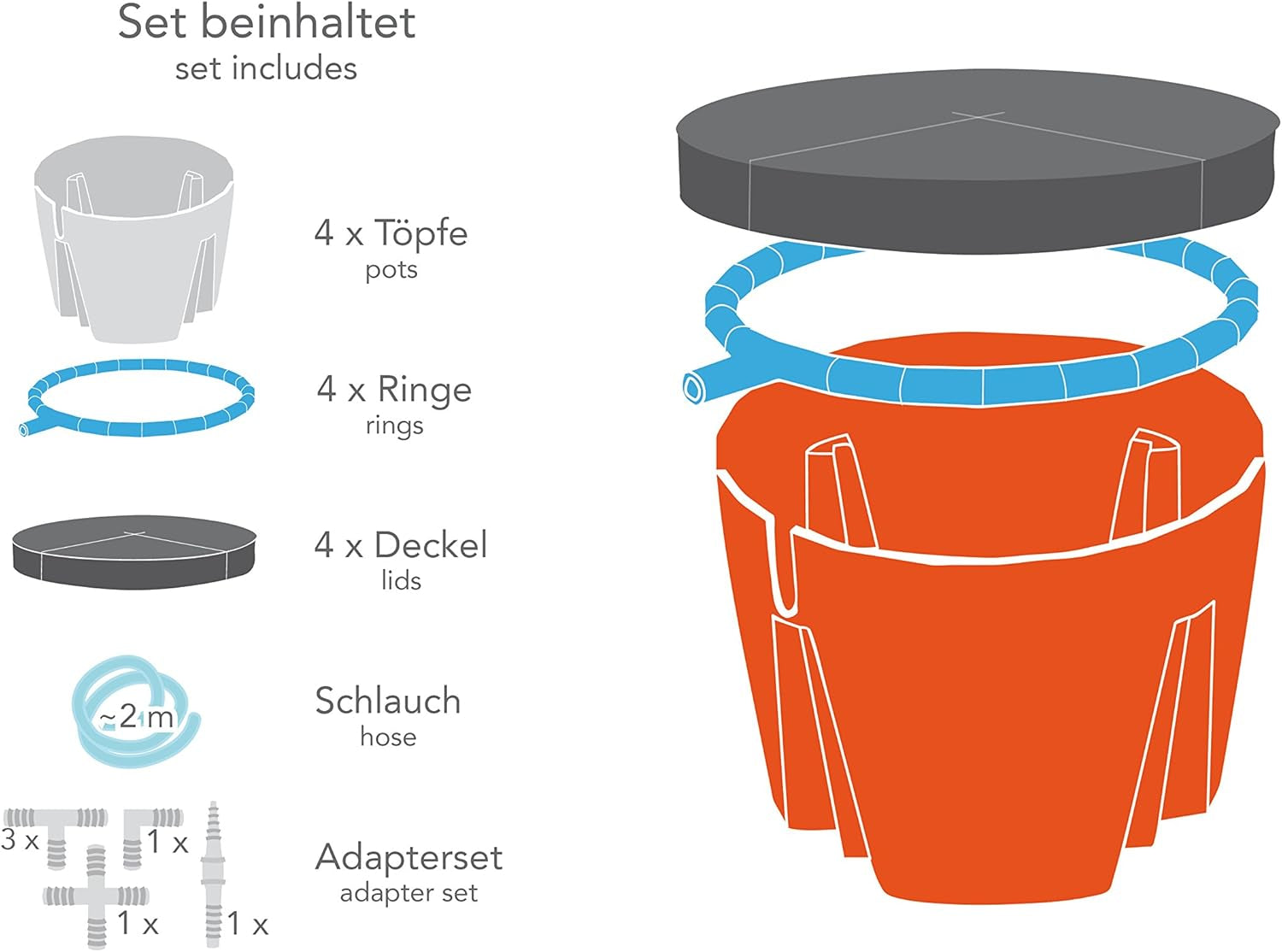 Hydro Farmer 19-teiliges Topfset Ø 18 cm (Rot), Wachstumssystem inklusive 4 Töpfen, 4 Bewässerungsringen, 4 Deckeln, Adapterset und 2 m Schlauch, Hydrokultur, Aeroponik