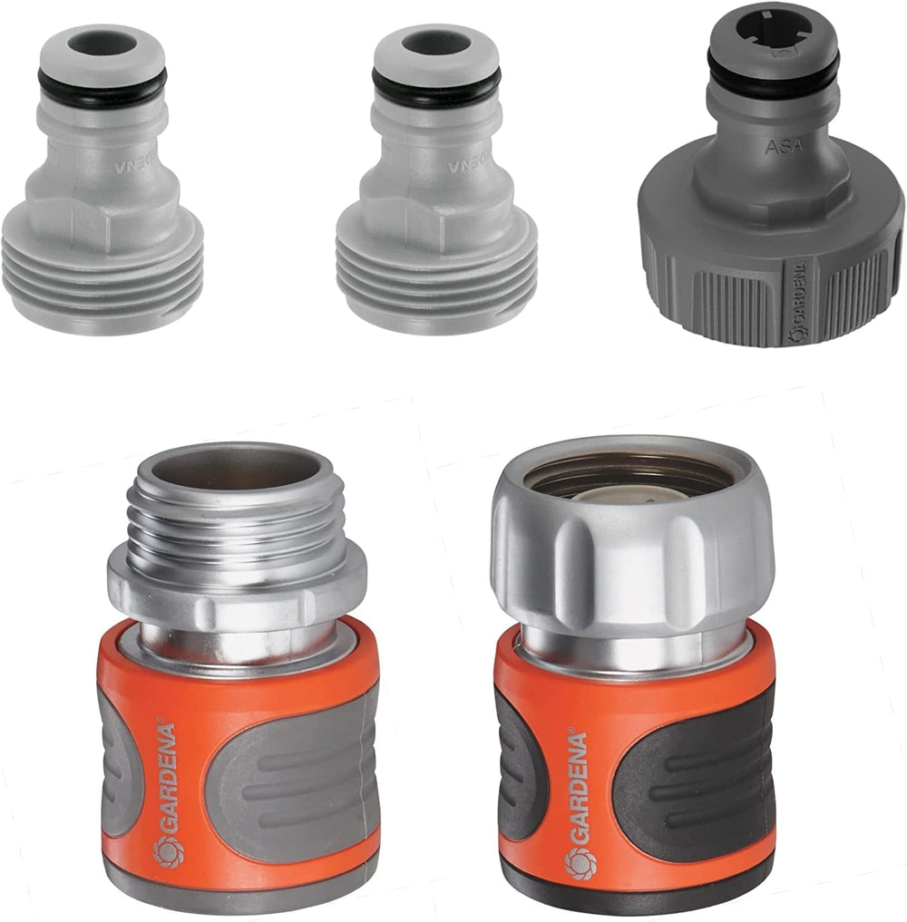 Gardena 39042-M Set de pornire cu cuplaj rapid metalic pentru furtunuri de grădină, cuplaje rapide și accesorii în câteva secunde, 4 piese, inclusiv adaptoare anti-scurgere pentru ștecher și priză