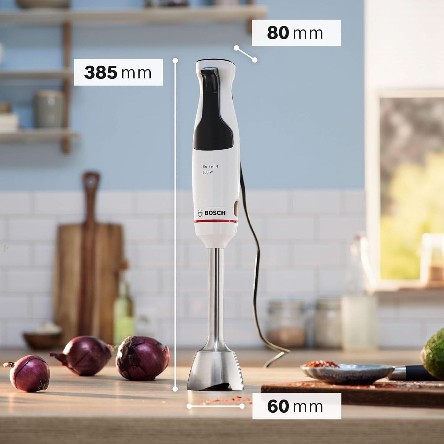 Bosch Stabmixer Ergomaster Serie 4 MSM4W210, Einhändig Bedienbar, Edelstahl-Klingen, Verschleißfreie Keramik-Kupplung, Mixbecher, Quattroblade, Antisplash Funktion, Einschaltsperre, 600 W, Weiß Mama si Copilul Naty Shop