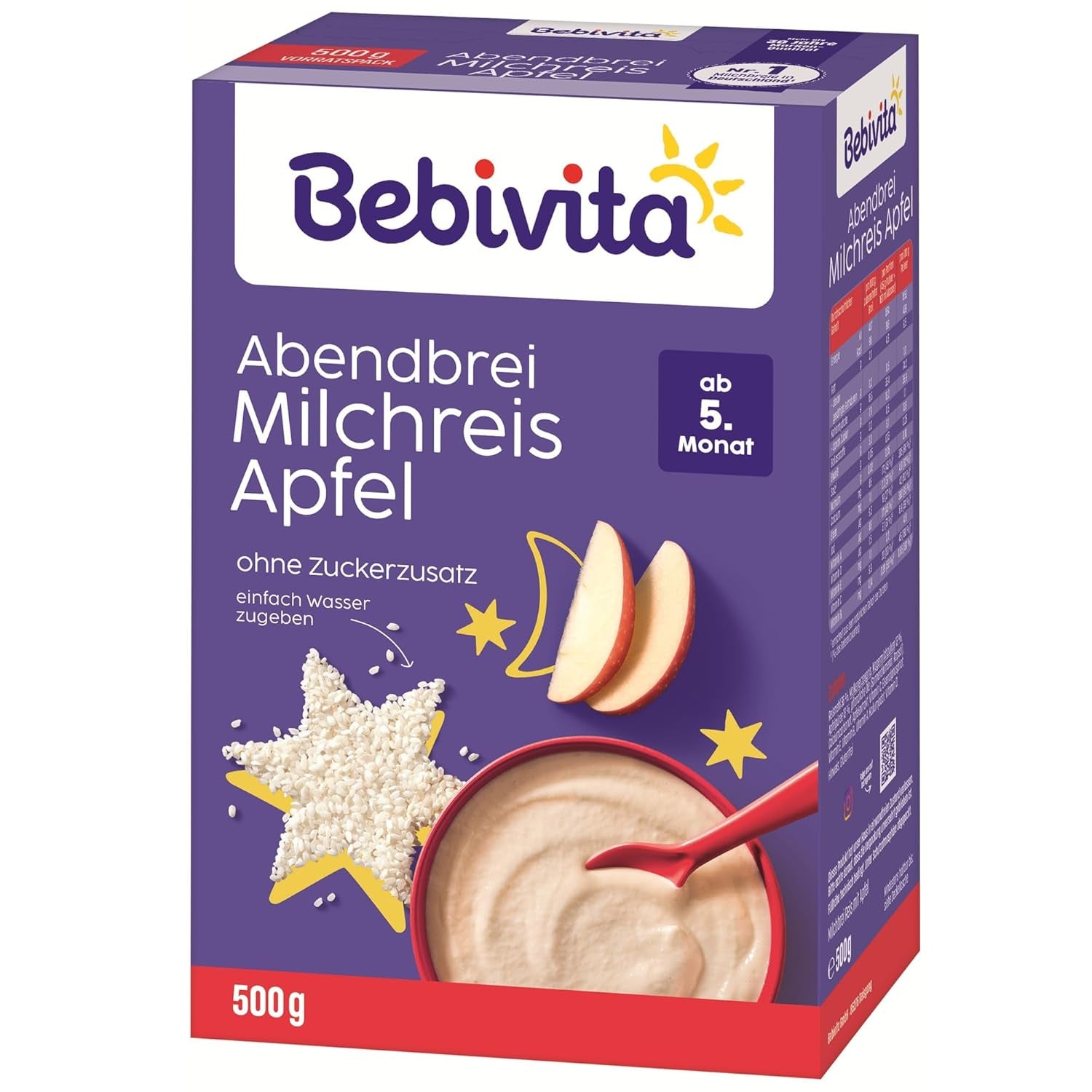Milchreis mit Äpfeln und Abendbrei (4x500g), Milchbrei ab 5 Monaten, mit wertvollen Mineralien und Vitaminen, ohne Zuckerzusatz, sehr sättigend