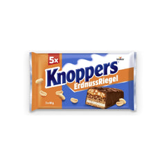 Knoppers Erdnussriegel – 1 x 200 g (5 Riegel) – Milchschokoladenriegel mit Erdnusscreme, gehackten gesalzenen Erdnüssen, Karamell und Milchschokolade