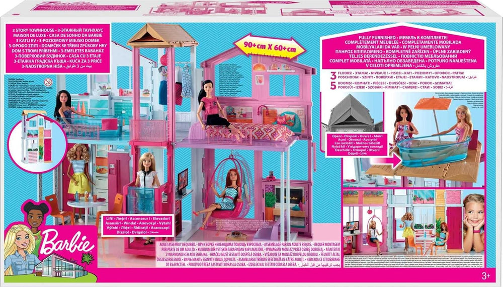 Casă de vis Barbie, Casă de oraș cu 3 etaje și 5 camere, inclusiv accesorii precum mobilier, pliabilă și depozitabilă, jucărie pentru vârste de 3 ani și peste, DLY32
