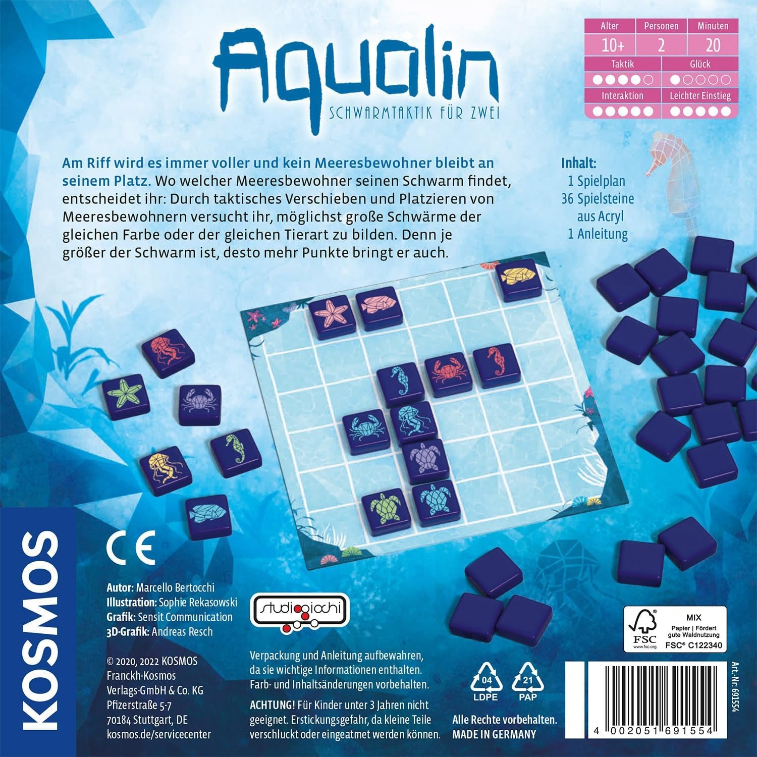 KOSMOS 691554 Aqualin – Schwarmtaktik für zwei, Zwei-Spieler-Spiel, Brettspiel für genau 2 Spieler ab 10 Jahren, Strategiespiel
