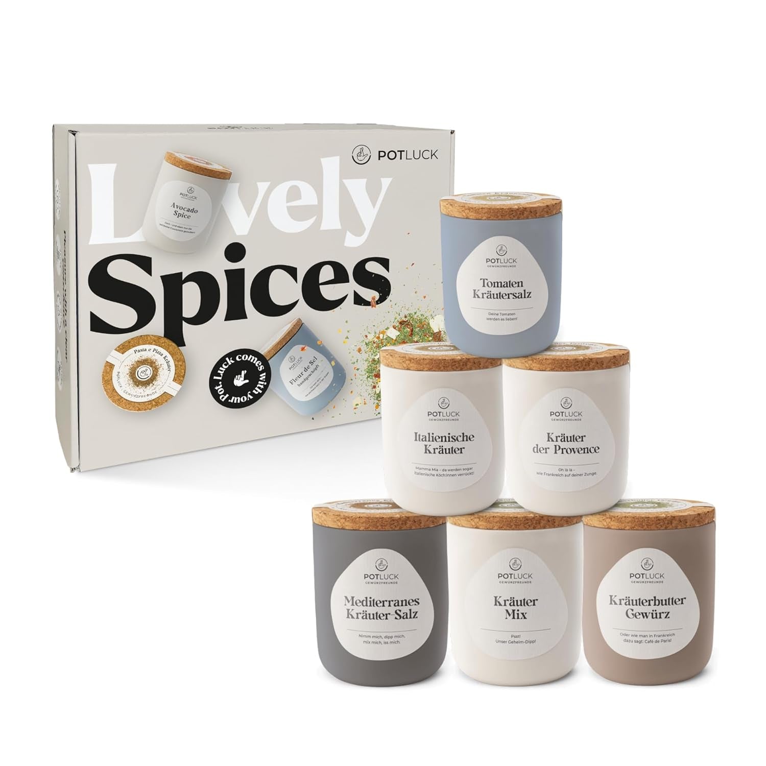 Potluck | Kräuter Kumpel 6er Set | Gewürzmischungen im Keramiktopf | Vegan, glutenfrei und mit natürlichen Zutaten