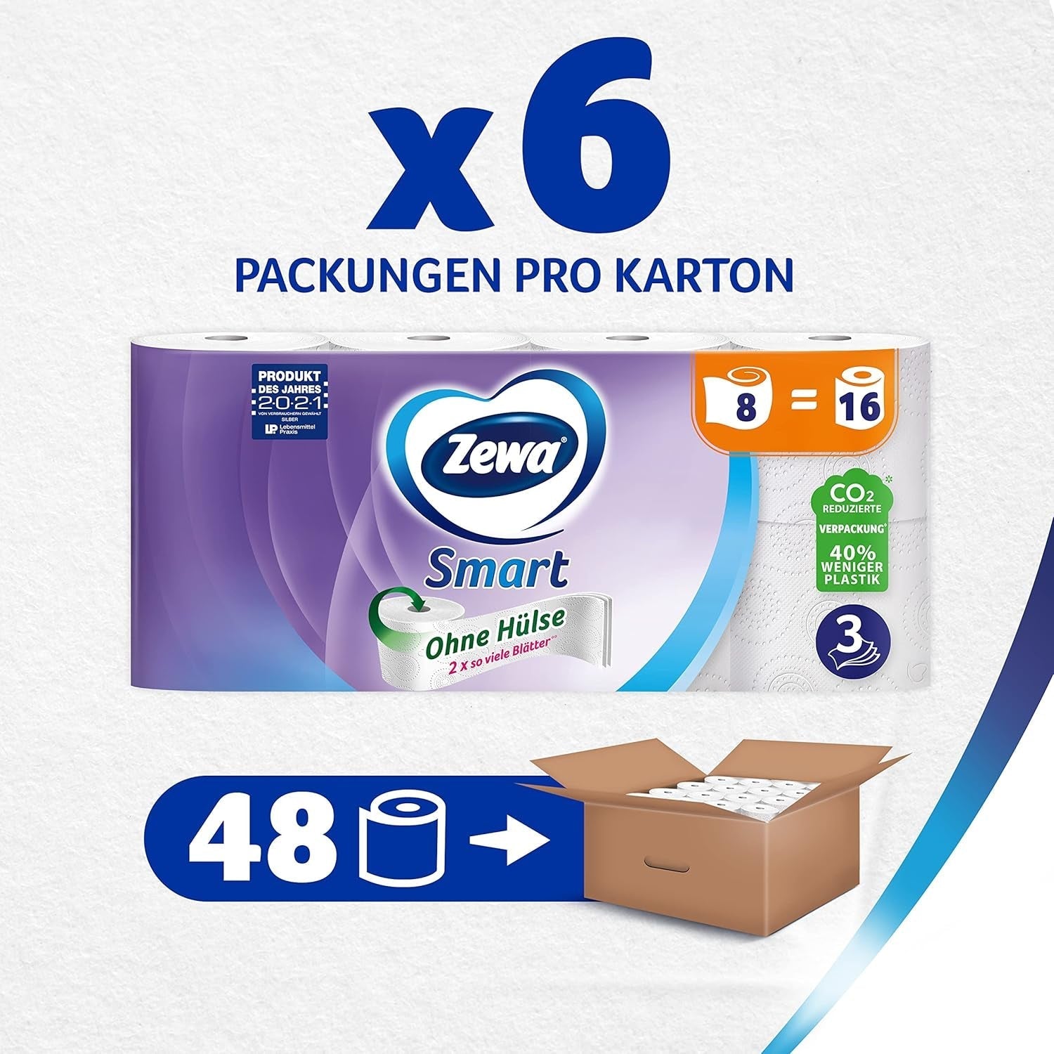 Hârtie igienică Zewa Smart fără manșon, pachet vrac cu 48 de role (6 X 8 X 300 coli)