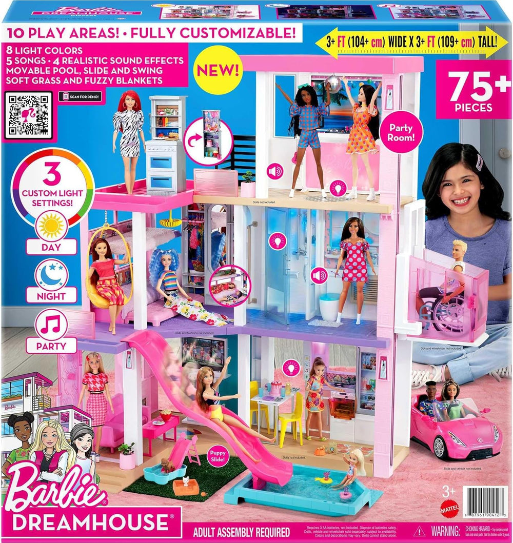 Casă de vis Barbie (114 cm), casă de păpuși cu 3 etaje, piscină, tobogan, lift pentru scaun cu rotile, 75 de accesorii, păpuși, potrivită ca și cadou pentru copii cu vârsta de 3 ani și peste, GRG93