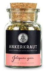 Ankerkraut Grüne Jalapeno, scharfe Chili, Chilis geschrotet, Finisher Scharf Würzen, Scharfes Essen Kochen, Highlight Chili con Carne, Fleisch, Kartoffeln, 45g im Korkenglas