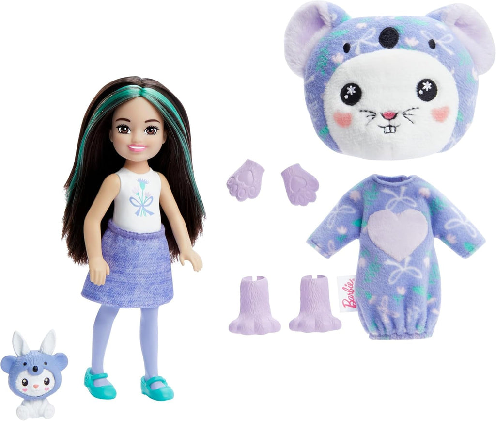 BARBIE Cutie Reveal Doll - păpușă Chelsea cu 6 surprize și distracție cu schimbarea culorilor, iepuraș în costum de pluș Koala, jachetă din fleece cu model la modă, pentru copii de la 3 ani, HRK31 Papusi Naty Shop