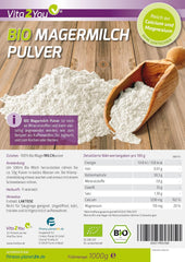Vita2You Bio Magermilchpulver 1000g - 100% Bio Qualität - zum Backen - Kaffeeweißer - Milchpulver für Joghurts - 1kg - Premium Qualität