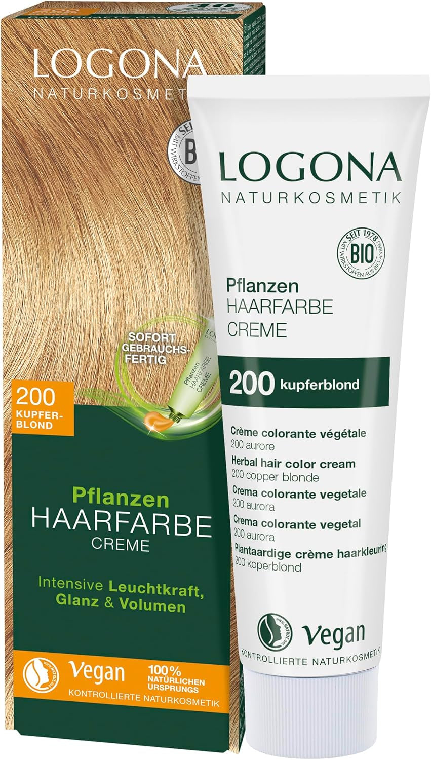 LOGONA Natural Cosmetics Plant Hair Colour Cream 240 Nougat Brown, Colorant natural pentru păr castaniu cu henna, cremă colorantă pentru tonuri de maro, colorare pentru păr închis la culoare, 150ml Vopsea pentru par Naty Shop 200 Cupru blond
