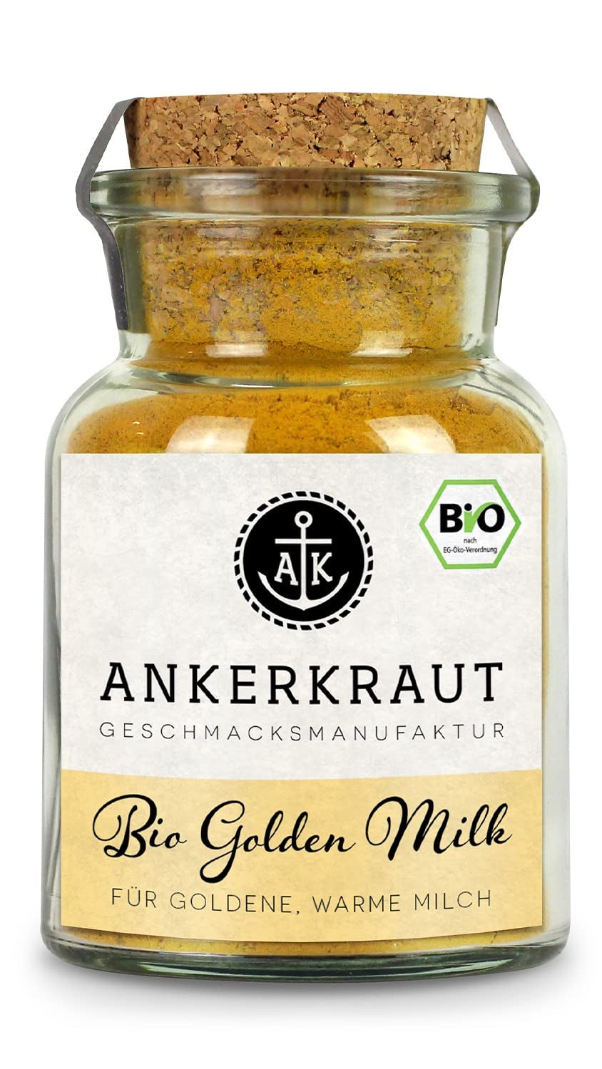 Ankerkraut Bio Golden Milk, Gewürz für goldene Milch, mit Kurkuma, Zimt und Ingwer, 75 g im Korkglas