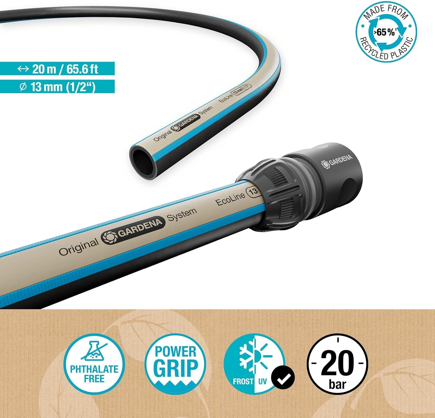 Furtun Gardena EcoLine 1/2 inch, 20 m fără componente de sistem: Furtun de grădină sustenabil fabricat din plastic reciclat, fără ftalați și poluanți, funcție de prindere puternică, rezistent la îngheț și UV (18930-20)
