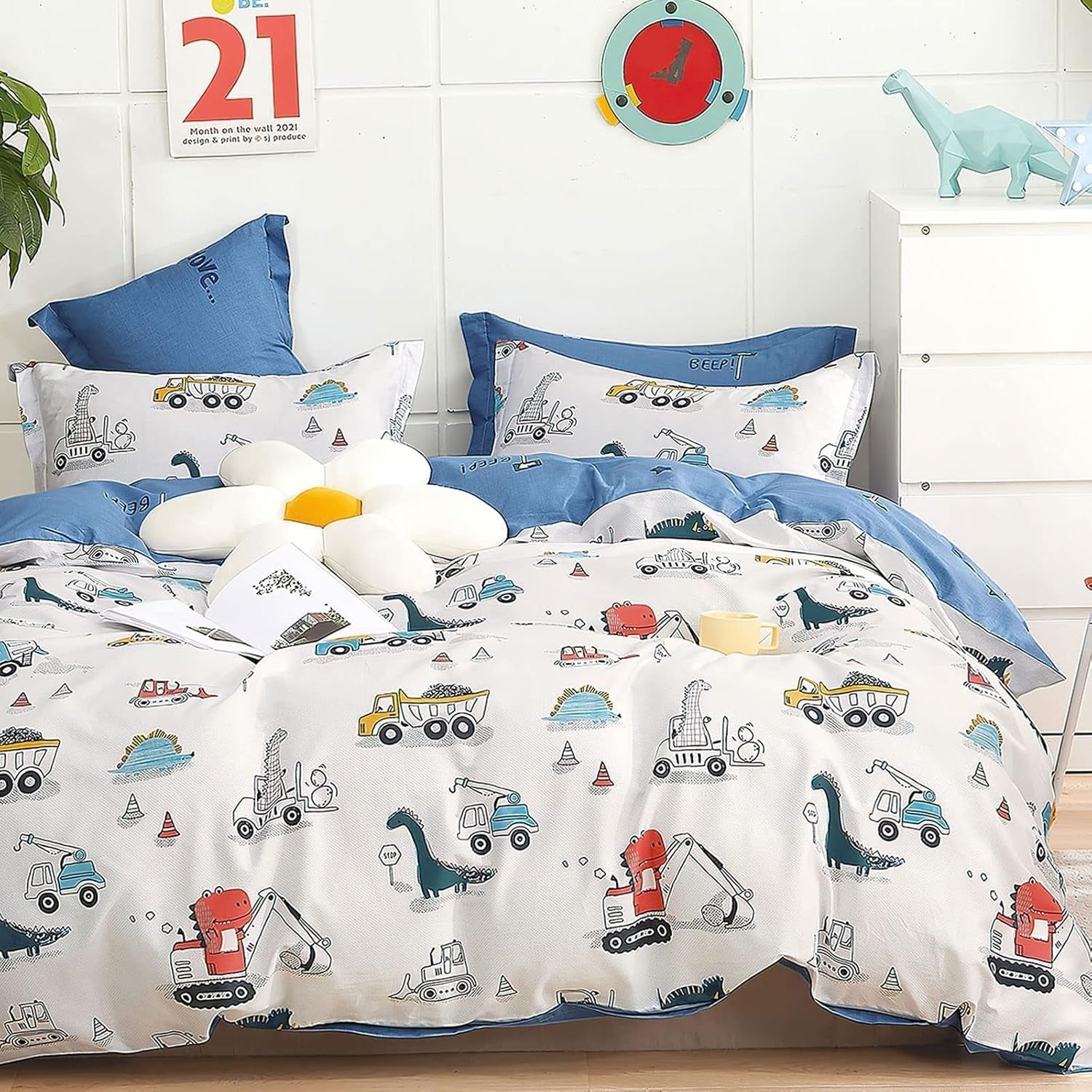 Lenjerie de pat pentru copii, unisex, dinozauri, bumbac Lenjerie de pat - copii Naty Shop Modelul B 135 X 200 cm + 80 X 80 cm