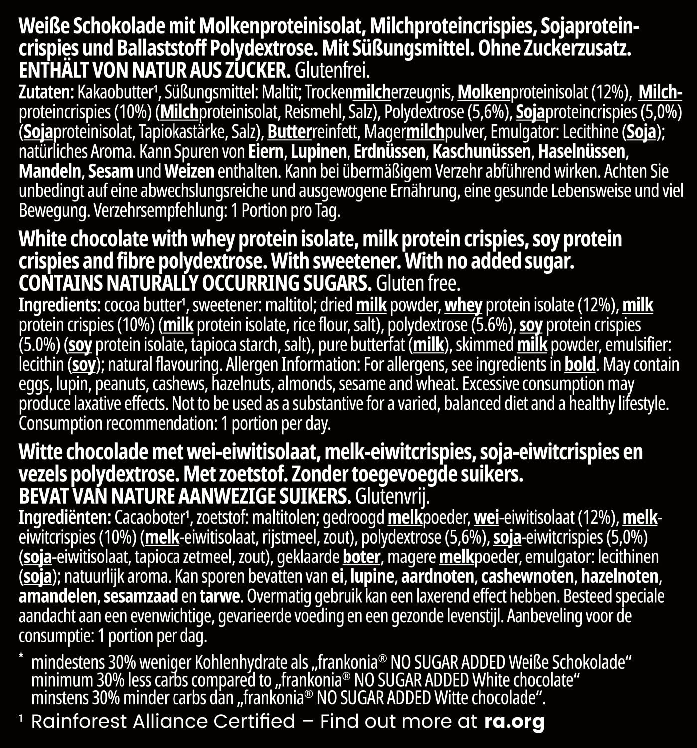 frankonia CHOCOLAT POWER MOTION ohne Zuckerzusatz – Knusprige weiße Schokolade mit hohem Protein- und niedrigem Kohlenhydratanteil, 90 g