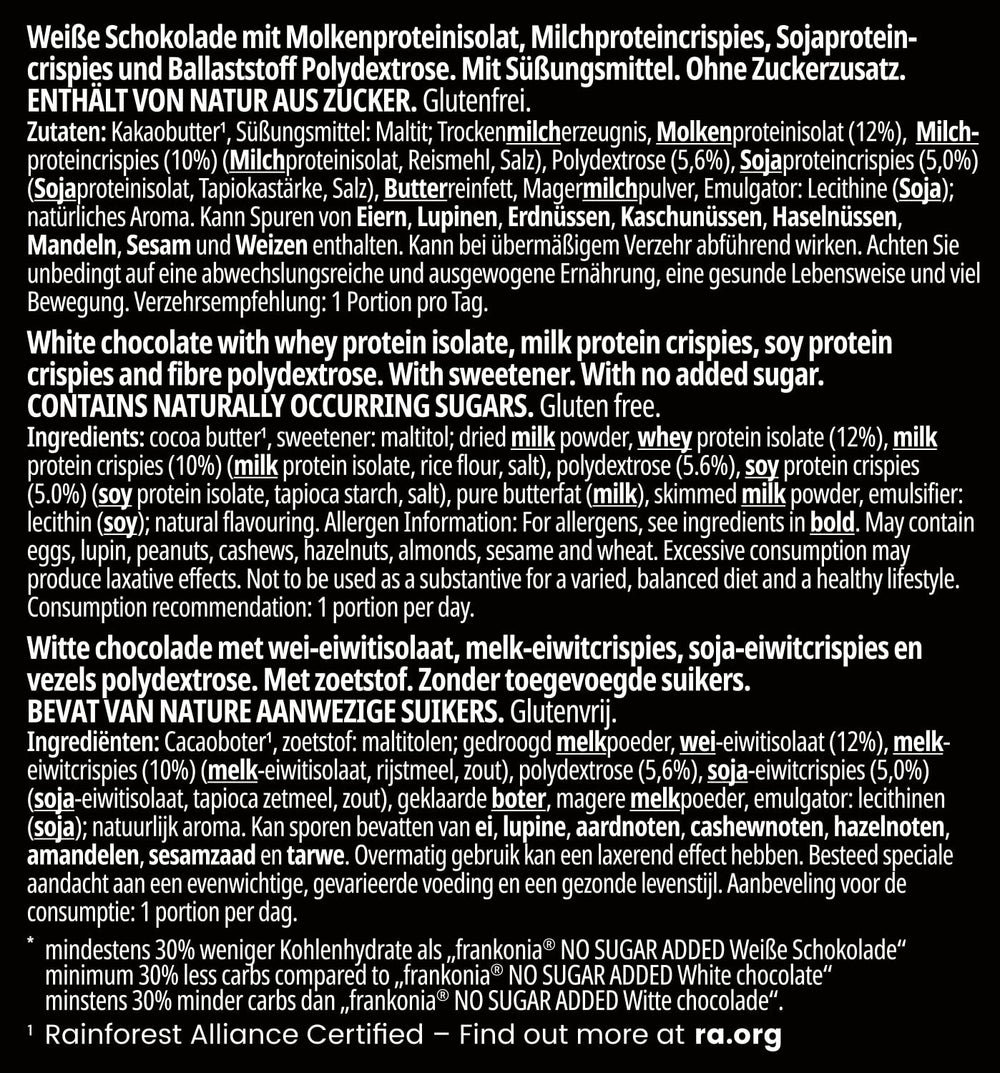 frankonia CHOCOLAT POWER MOTION ohne Zuckerzusatz – Knusprige weiße Schokolade mit hohem Protein- und niedrigem Kohlenhydratanteil, 90 g